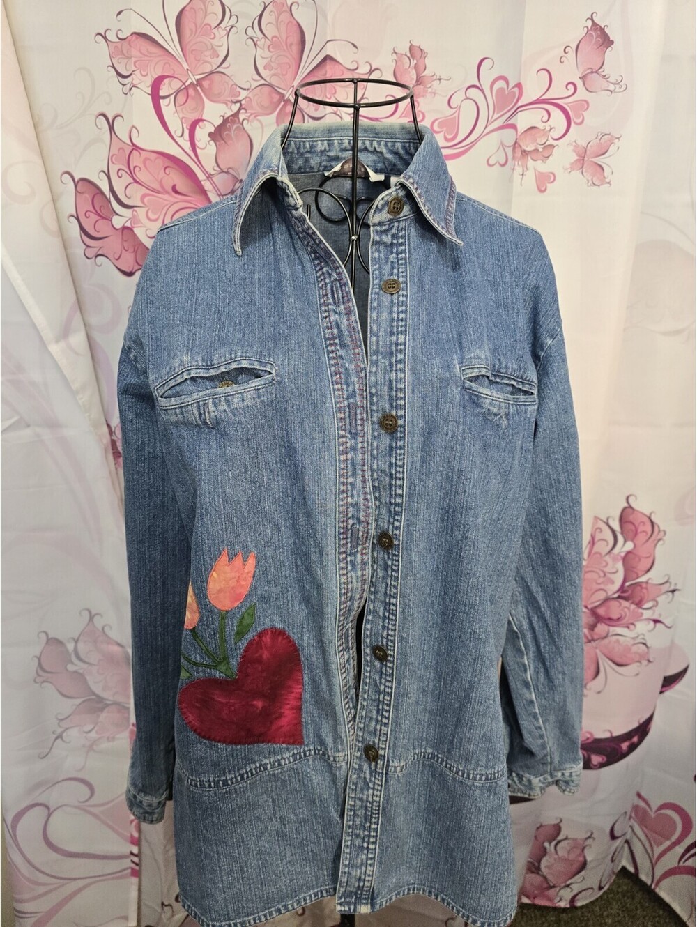 Vintage Christopher & Banks Button Up Embroidered Heart FlowerJean Shirt Size M